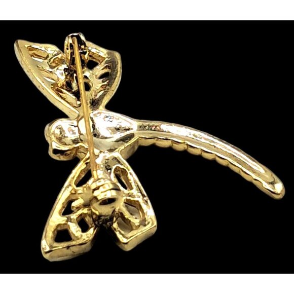 Vintage Dragonfly Brooch With Faux Pearl Clear Rhinestones Crystals Figural Pin - Picture 8 of 8